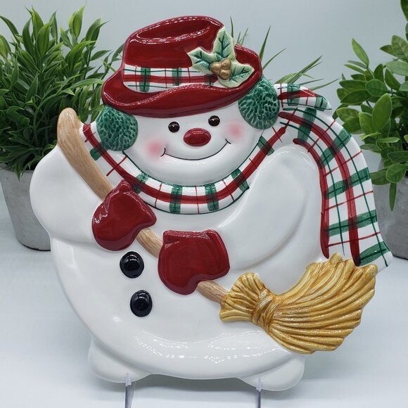 Fitz & Floyd 2000's Plaid Christmas Snowman 9" Canape Plate - Picture 1 of 11